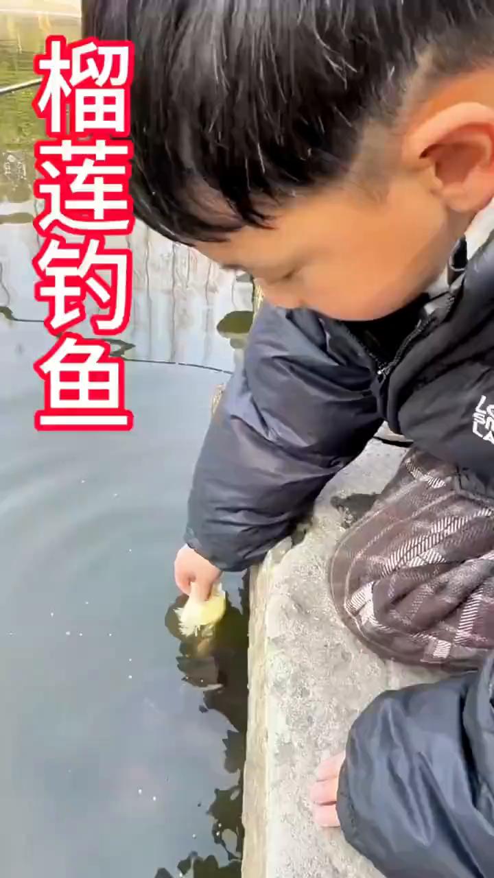 榴莲钓鱼。孩子看妈妈钓鱼费劲，于是就把他手中的榴莲给夺了过来，表示还是看我的。