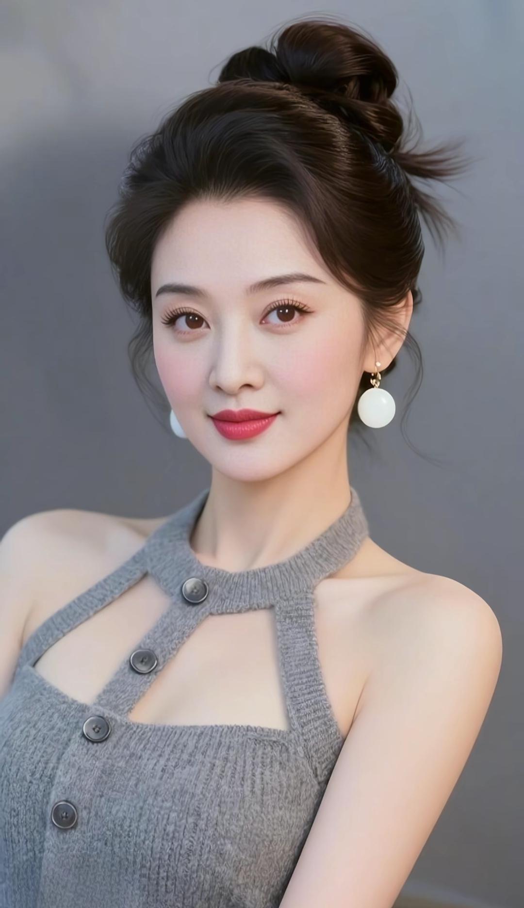 优雅气质，复古珍珠耳环，灰色针织连衣裙，温柔微笑，时尚穿搭。优雅美图分享美女人