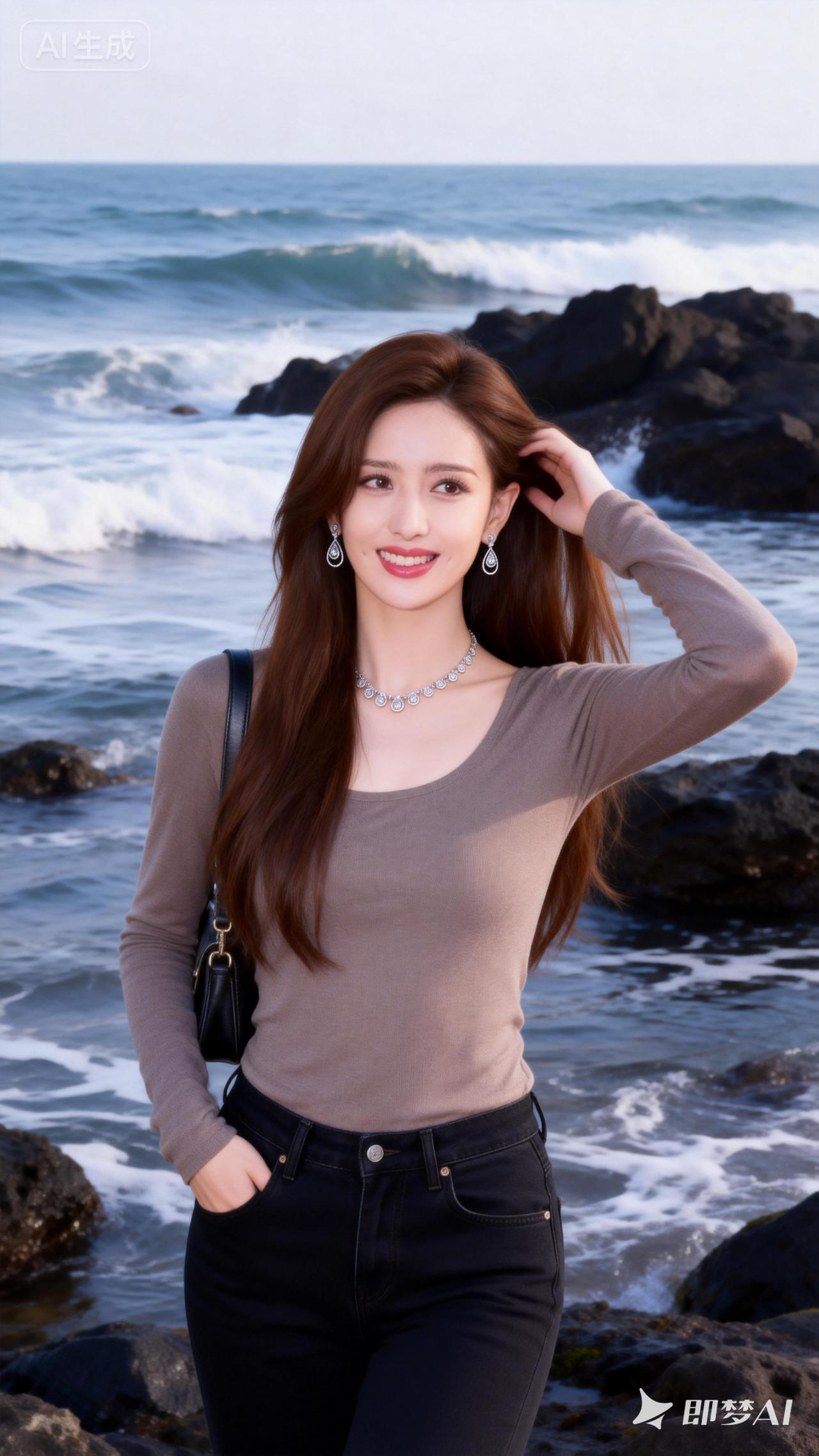 海边漫步，海风吹拂，温柔笑容，时尚穿搭，享受美好时光。