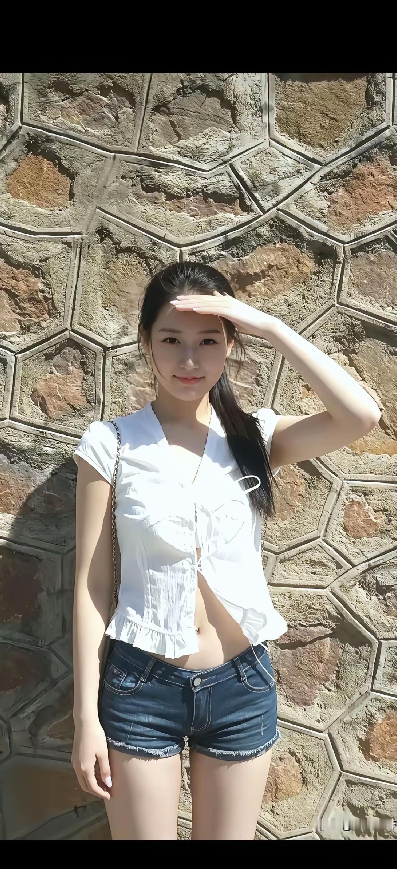阳光明媚，美女在石头墙前摆姿势。