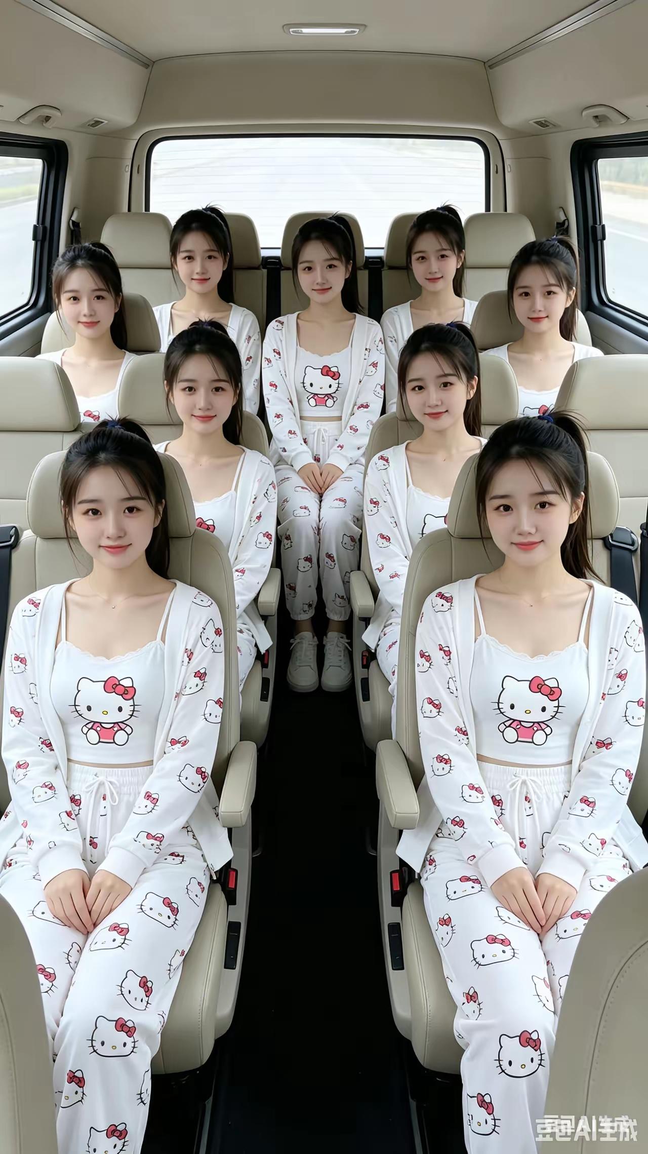 仙女齐下凡，同车去游玩。同妆同发型，同龄同娇颜。