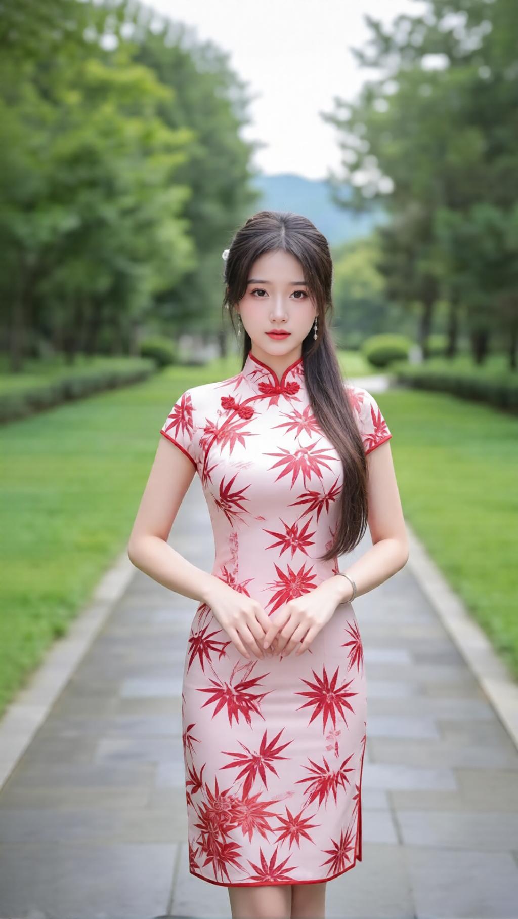 在绿意盎然的公园里，穿着红白相间旗袍的少女，宛如一幅动人的画卷。