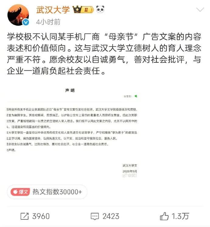 武大回应没什么问题啊！首先表明了对文案不认可的态度，同时又劝告该学生要吸取教训。