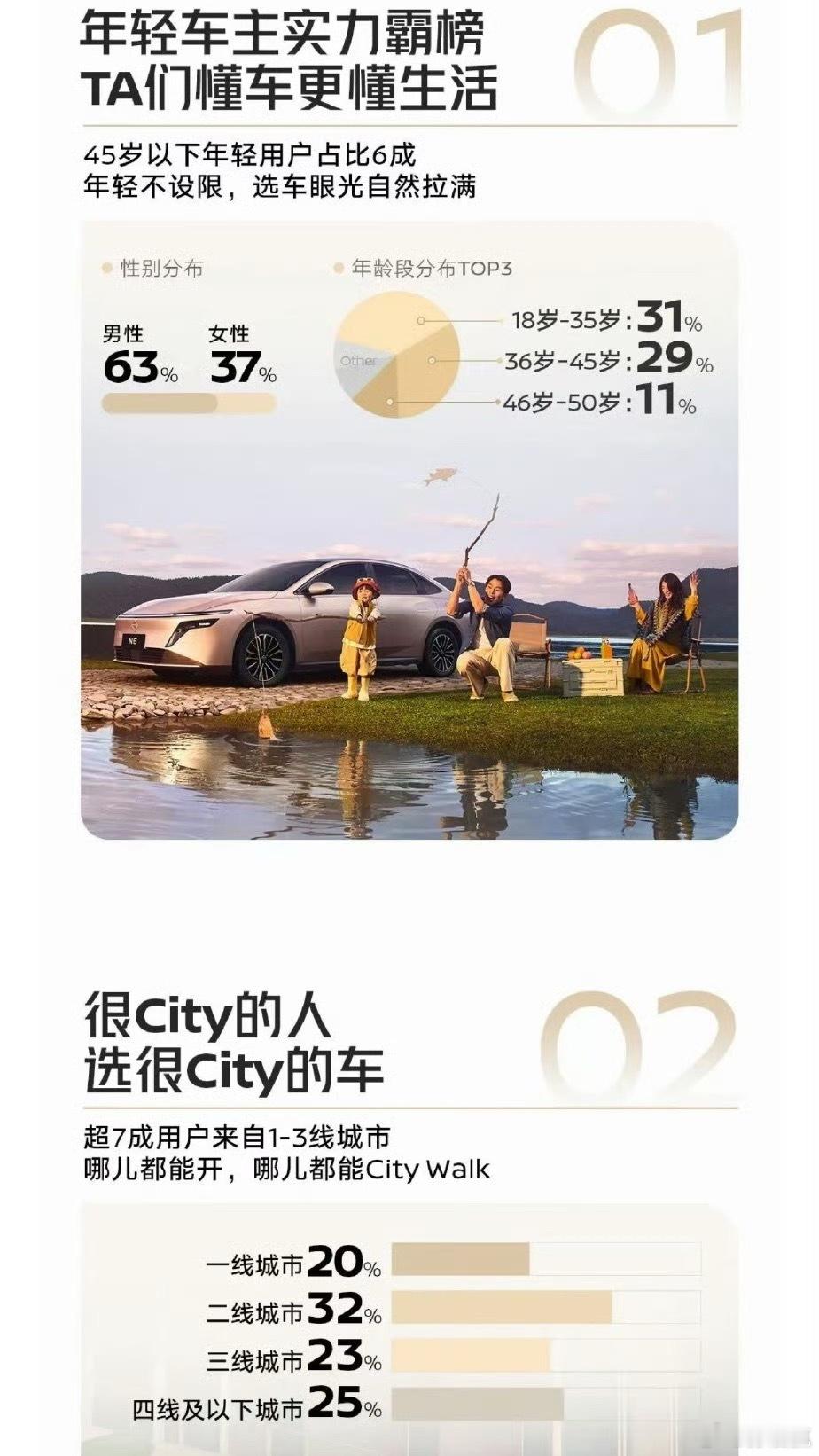 日产N6的用户画像有点意思。18～45的青年群体占了60%，一二线和三四线各占5