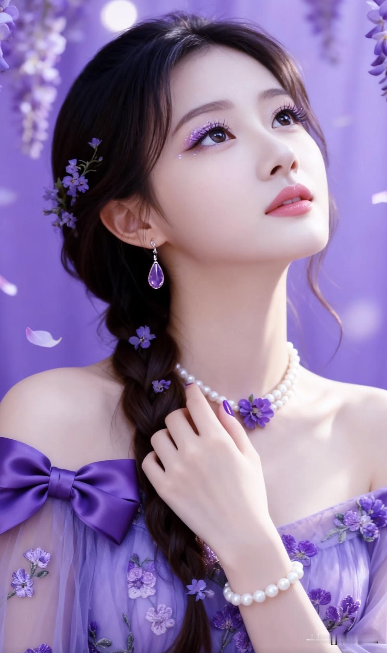 梦幻紫色仙境，甜美少女风，紫色花朵与珍珠的完美搭配，温柔优雅。紫色梦幻感紫色少