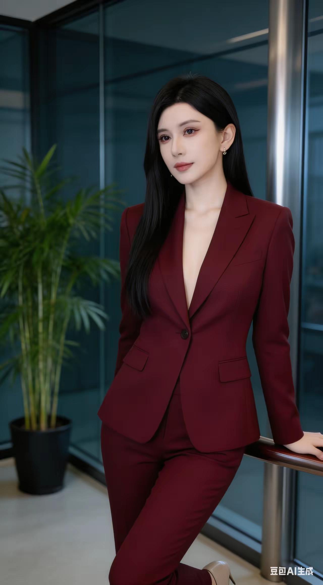 优雅职场风，深红色西装套装，自信满满！