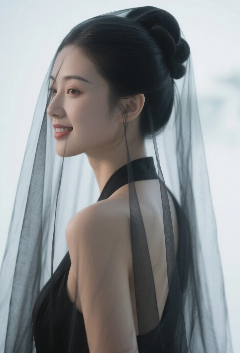 她笑起来像光，却披着一层神秘的黑纱