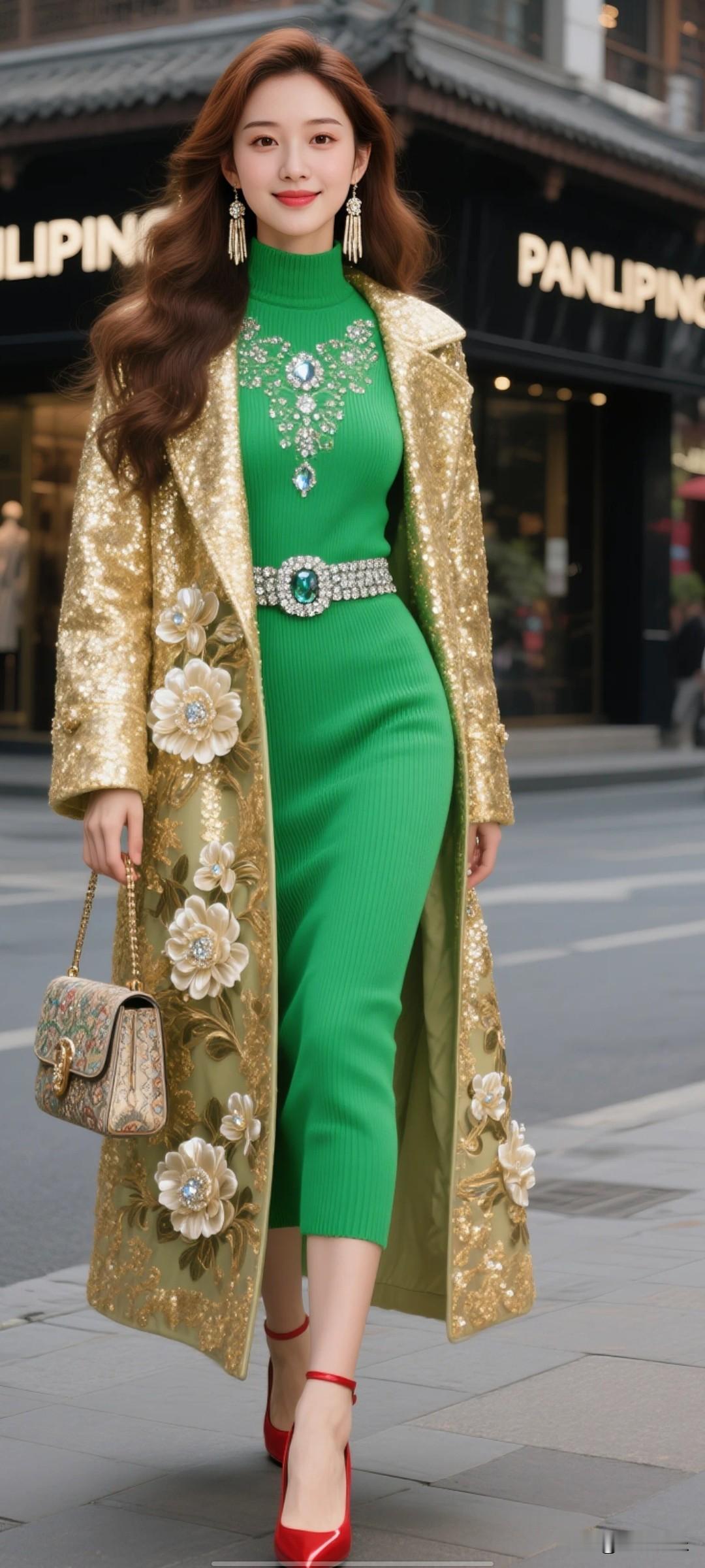 晒图笔记大赛一位中国美女，身材比例完美，身材高挑纤细，栗棕色长卷发披肩，流苏长耳