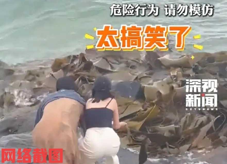 广西有两名女生在海边拍照游玩。可让两名女生没有想到的事，此刻大海里竟然有一大