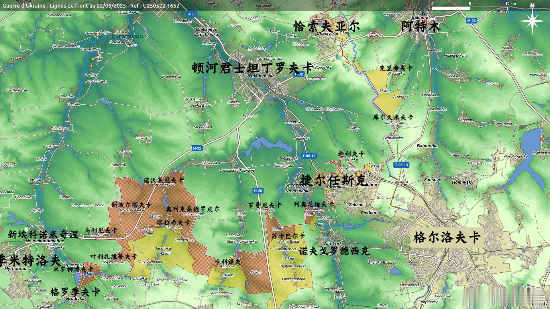 顿河君士坦丁罗夫卡方向今年俄军收益。黄色是五月前，红色是本月。来源：Poulet