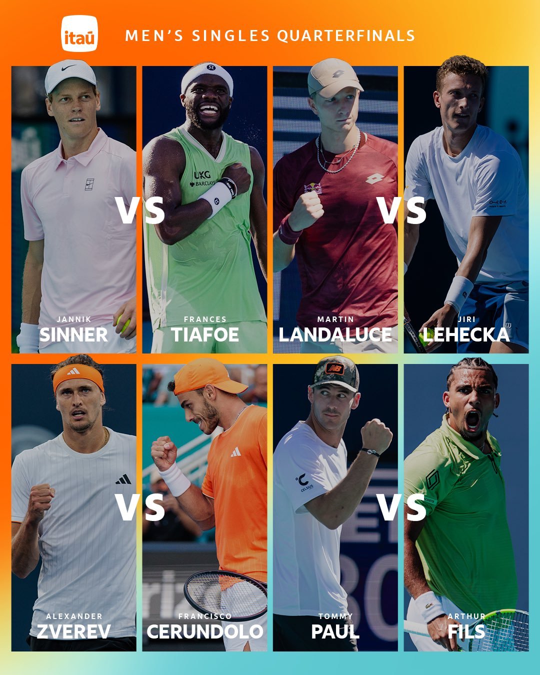 今年的迈阿密大师赛，由于德约没来，阿卡早早出局，八强只剩下兹维列夫和辛纳两位世界