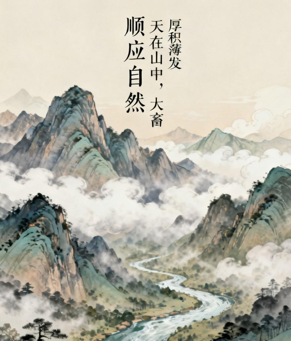 厚积薄发顺应自然…《易经》大畜卦曰：“天在山中，大畜。”高山蕴藏天地之气，君子当