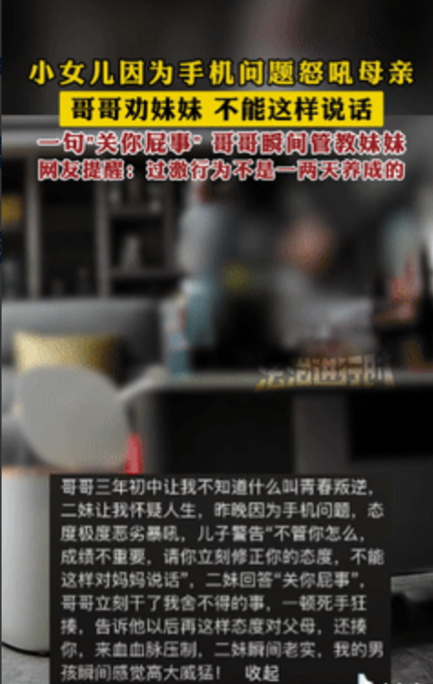 这就是血脉压制！重庆，一女孩因手机被妈妈没收，竟当面怒吼母亲，哥哥看不下去出言相