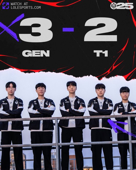 GEN战胜T1本场对决最终在Ruler超神金克丝的带领下，GEN成功逆风翻盘T1