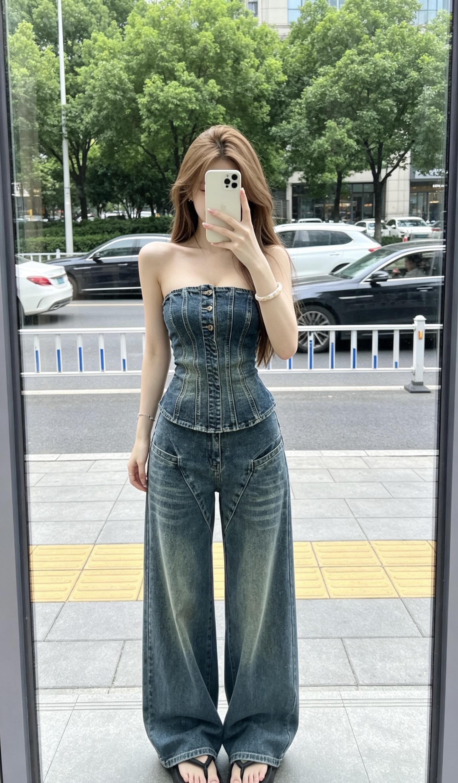 牛仔抹胸搭配 辣妹牛仔阔腿裤