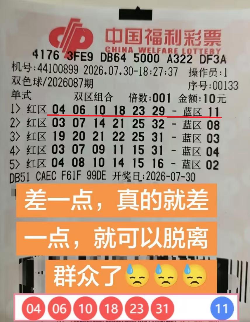 真的太遗憾了，双色球26087期，就差一个红球31，错失了一等奖729万，一号之