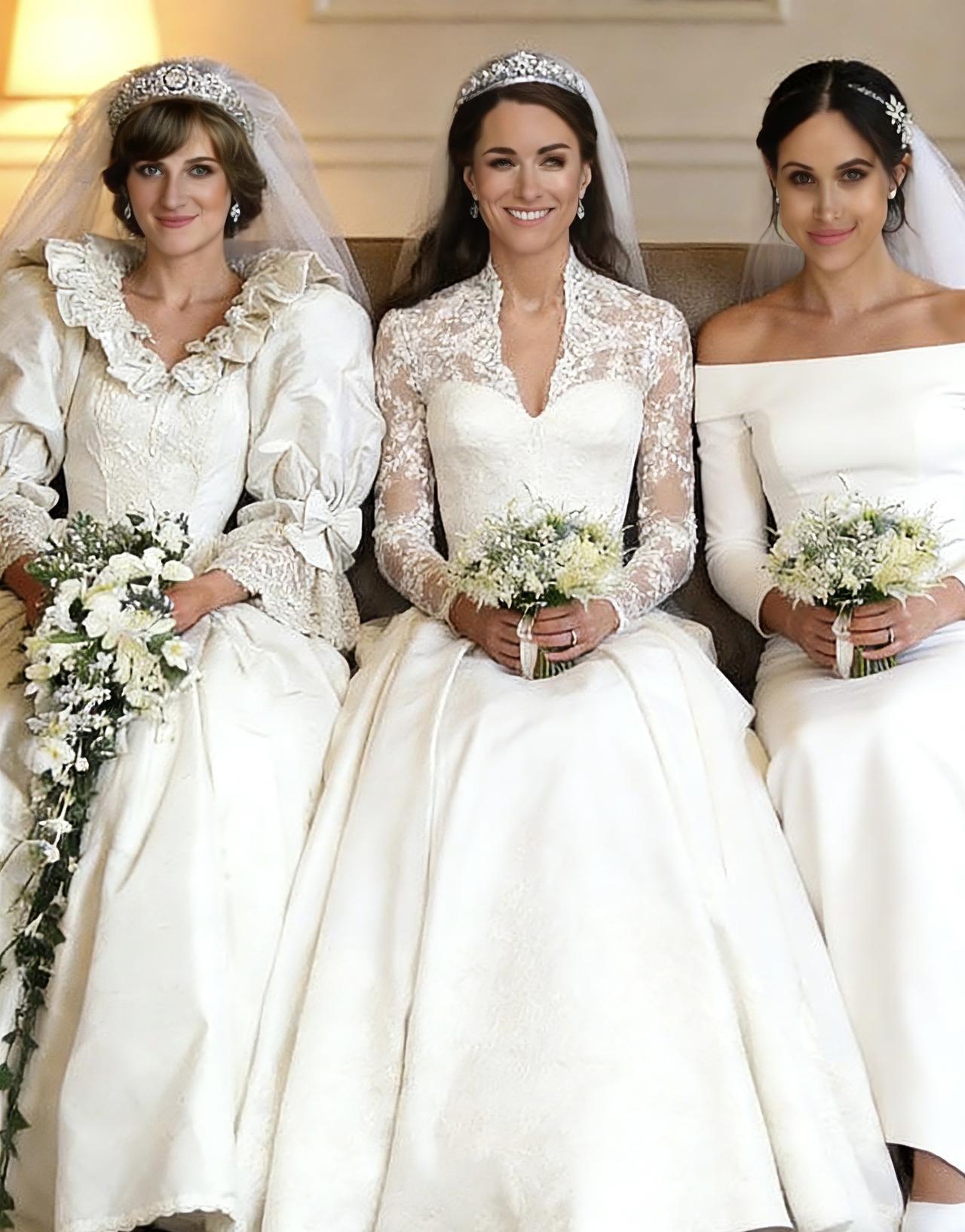 婆媳三人的婚纱你们更喜欢哪个，黛安娜王妃的婚纱是童话公主系列的，凯特王妃的是优雅