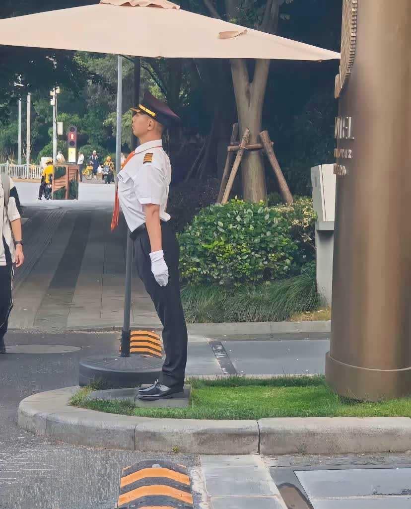 小区刚入职的保安站姿格外标准，没想到物业能请到这么专业的人员，看这架势大概率是退
