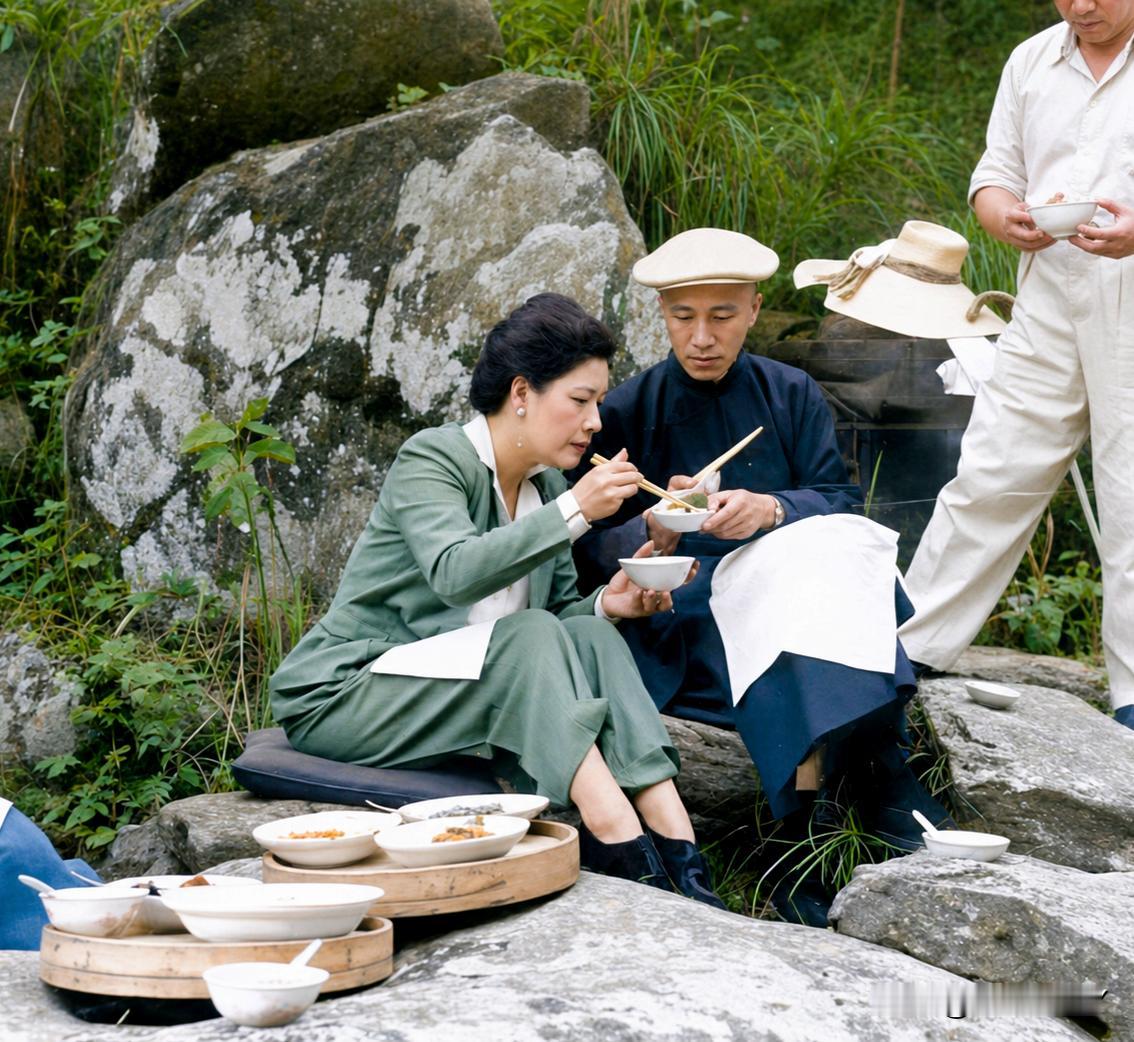 一九四六年夏天，在庐山山间野炊的蒋中正和夫人宋美龄。这而非演戏，也而非影视剧里的