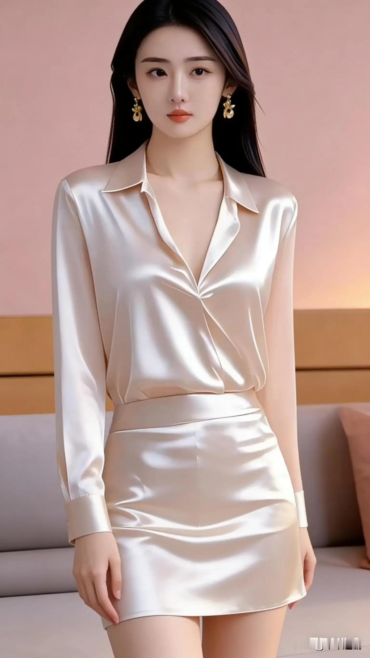 浅香槟色的缎面套装，像揉碎了的月光裹在身上。领口的褶皱藏着轻熟的柔媚，裙摆随着步