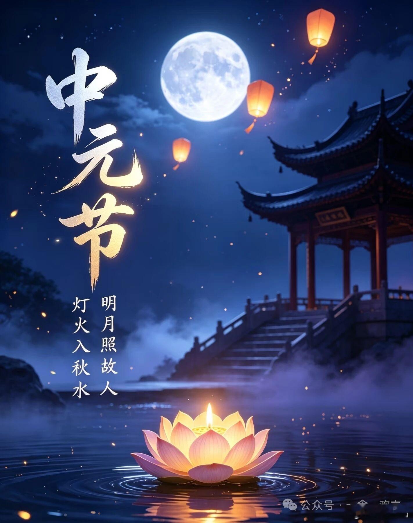 中元元.·仇远初秋当望夜，平楚带斜曛。暑气能昏月，砧声不隔云。华灯浮白水，老