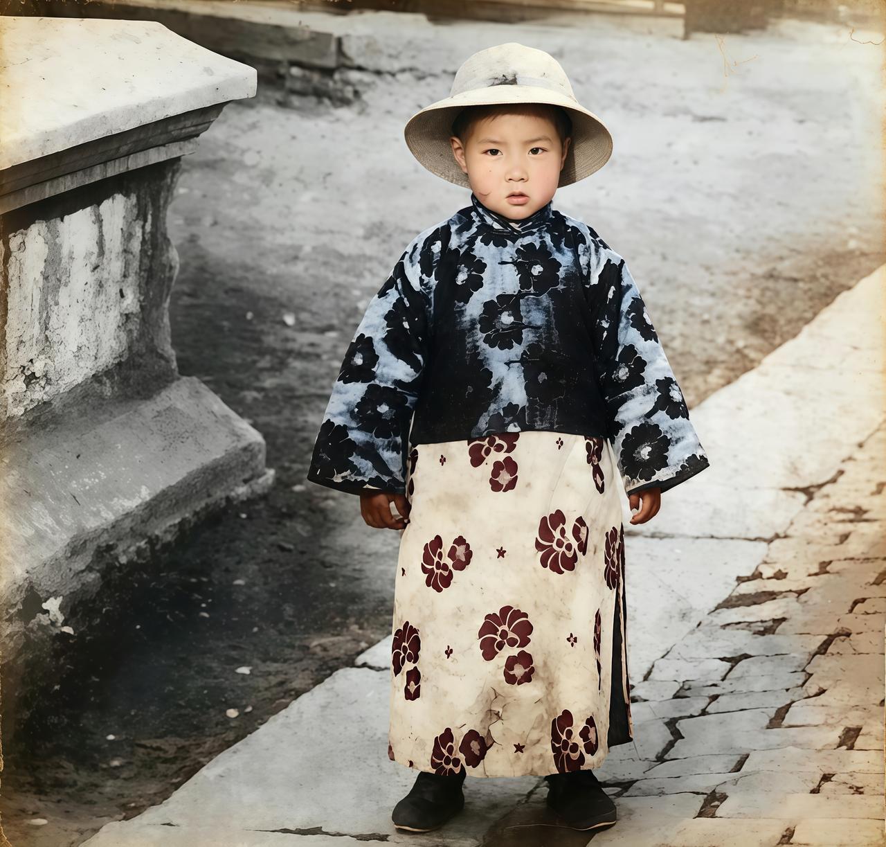 这个戴着太阳帽，身患印花袍子，外套印花马褂，长相周正的小男孩正是孔子第七十七代孙