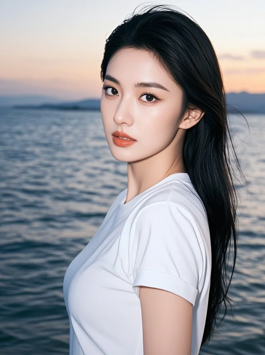 她穿着T恤在海边，美得刚刚好