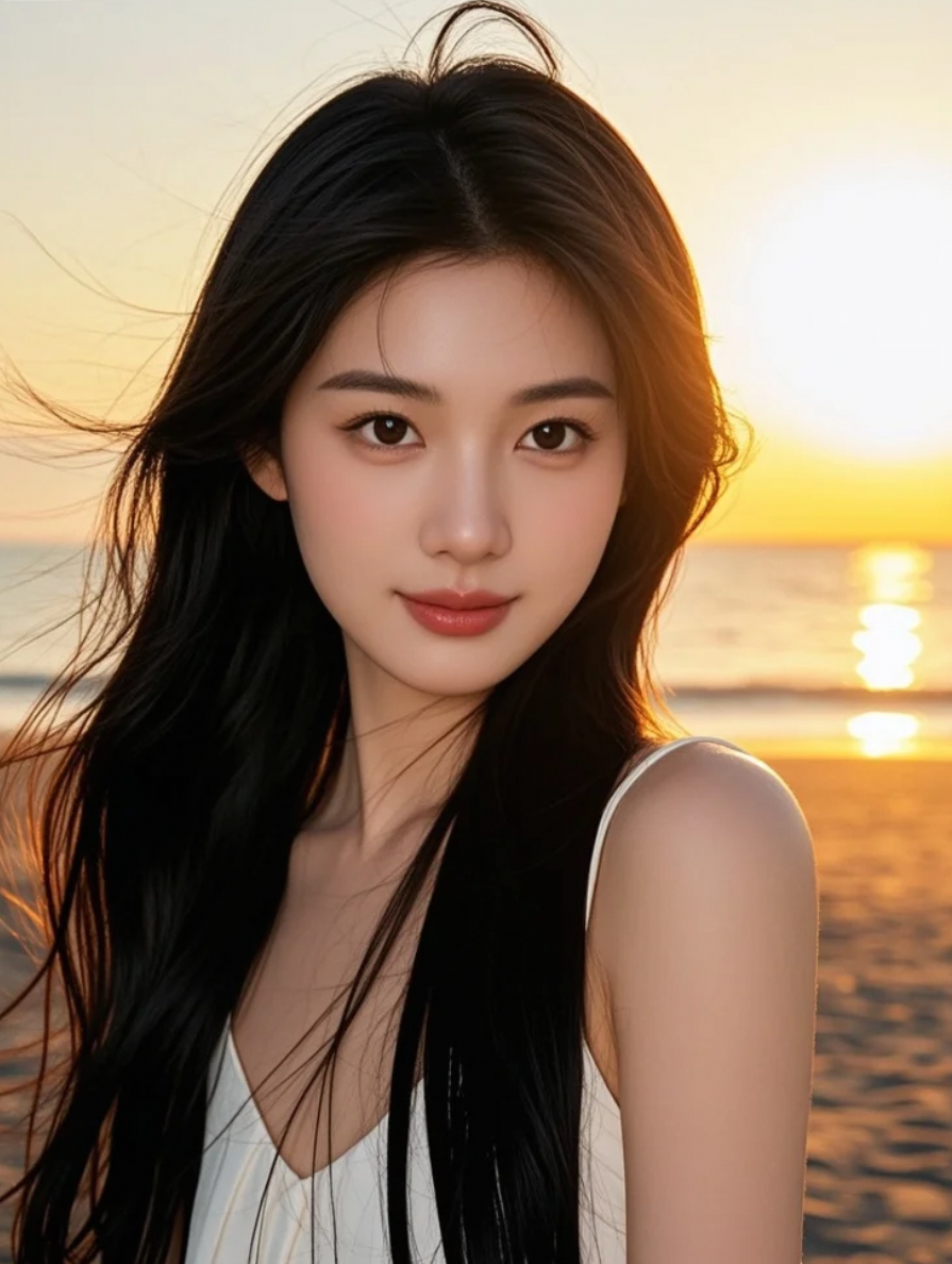 沙滩漫步的女神，长发飞扬，笑容温婉，画面充满故事感