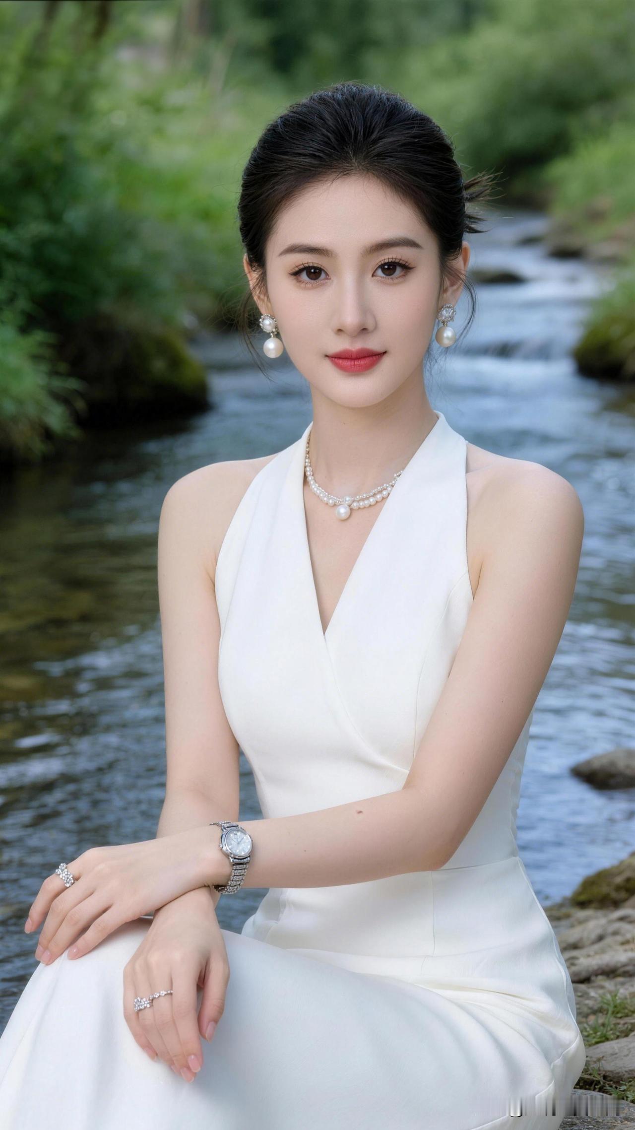 碧水映红妆，玉人倚清流。照片记录你眼中的美优雅白裙，自然溪边，清新自然，美不胜