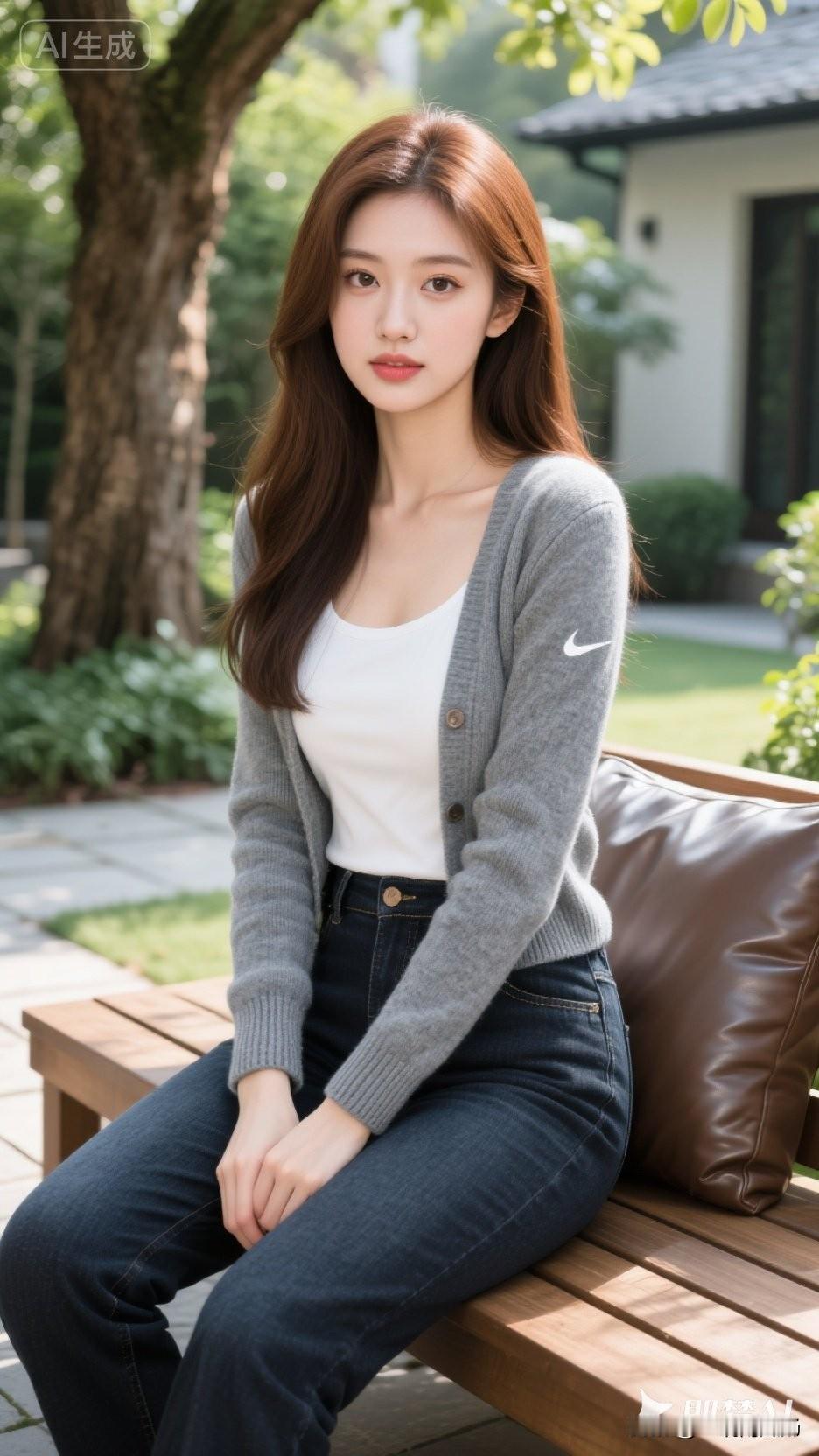 夏日清新穿搭，白色上衣+灰色针织衫，轻松自然，搭配牛仔裤，简约时尚。