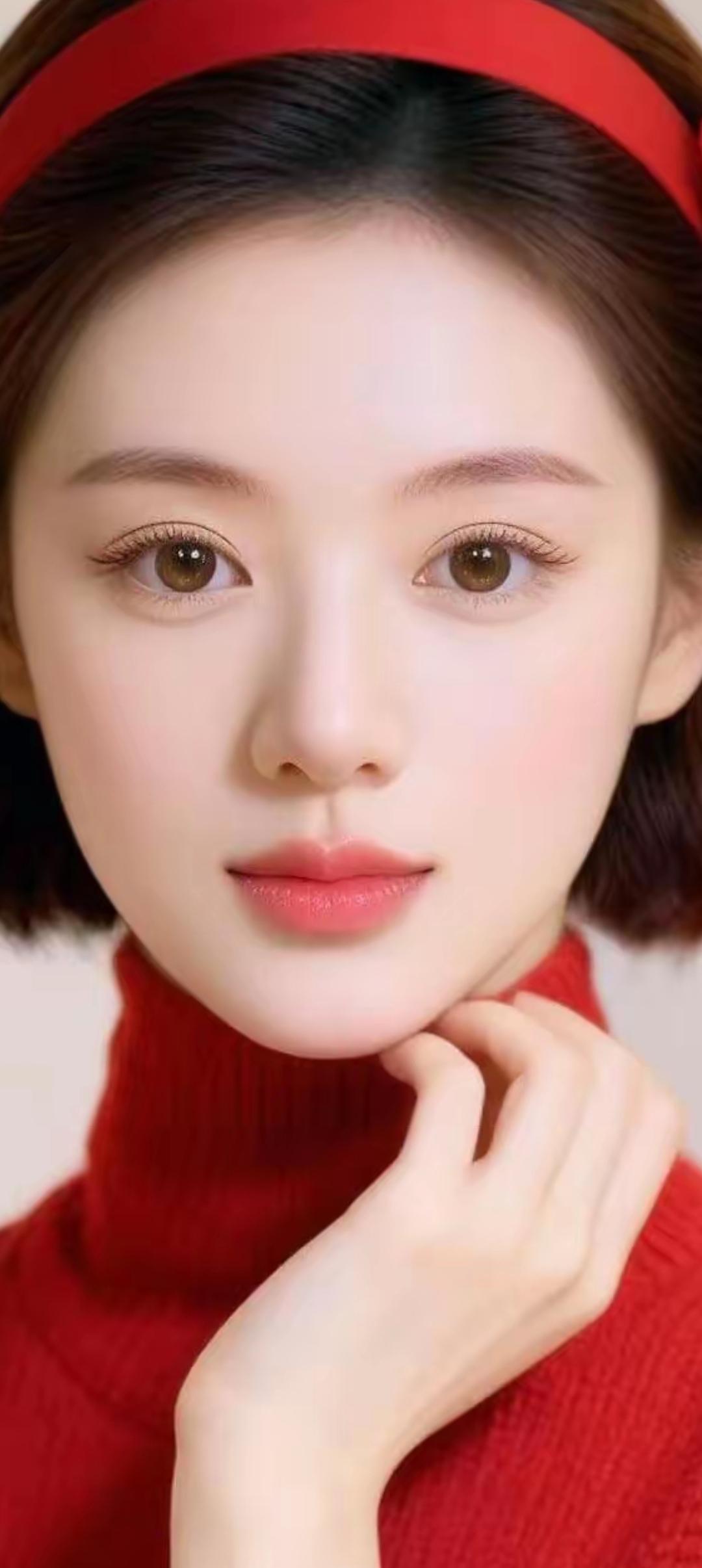 甜美红衣少女，温柔眼神，头戴红色发带，冬日暖阳下的迷人瞬间。
