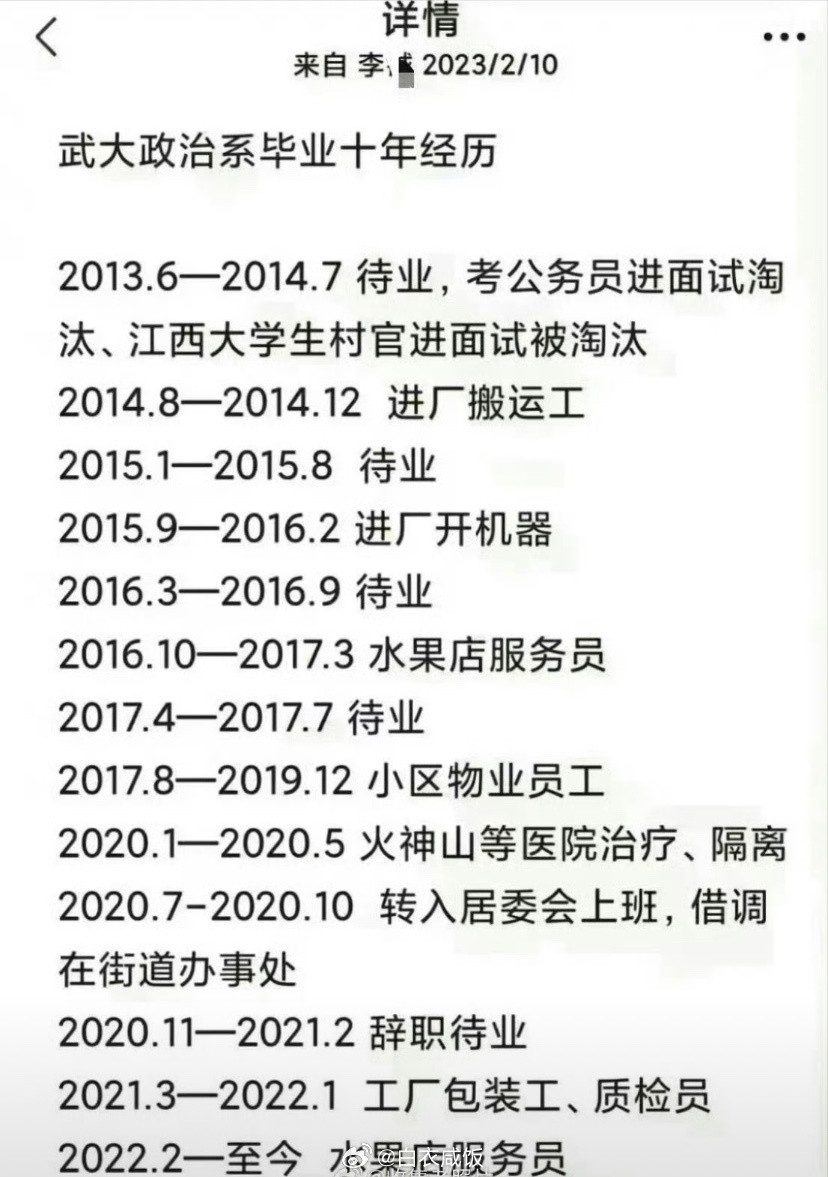武汉大学学生太不讲武德了，竟然在叉上晒出了自己的学历和毕业后就经历。不过可以肯定