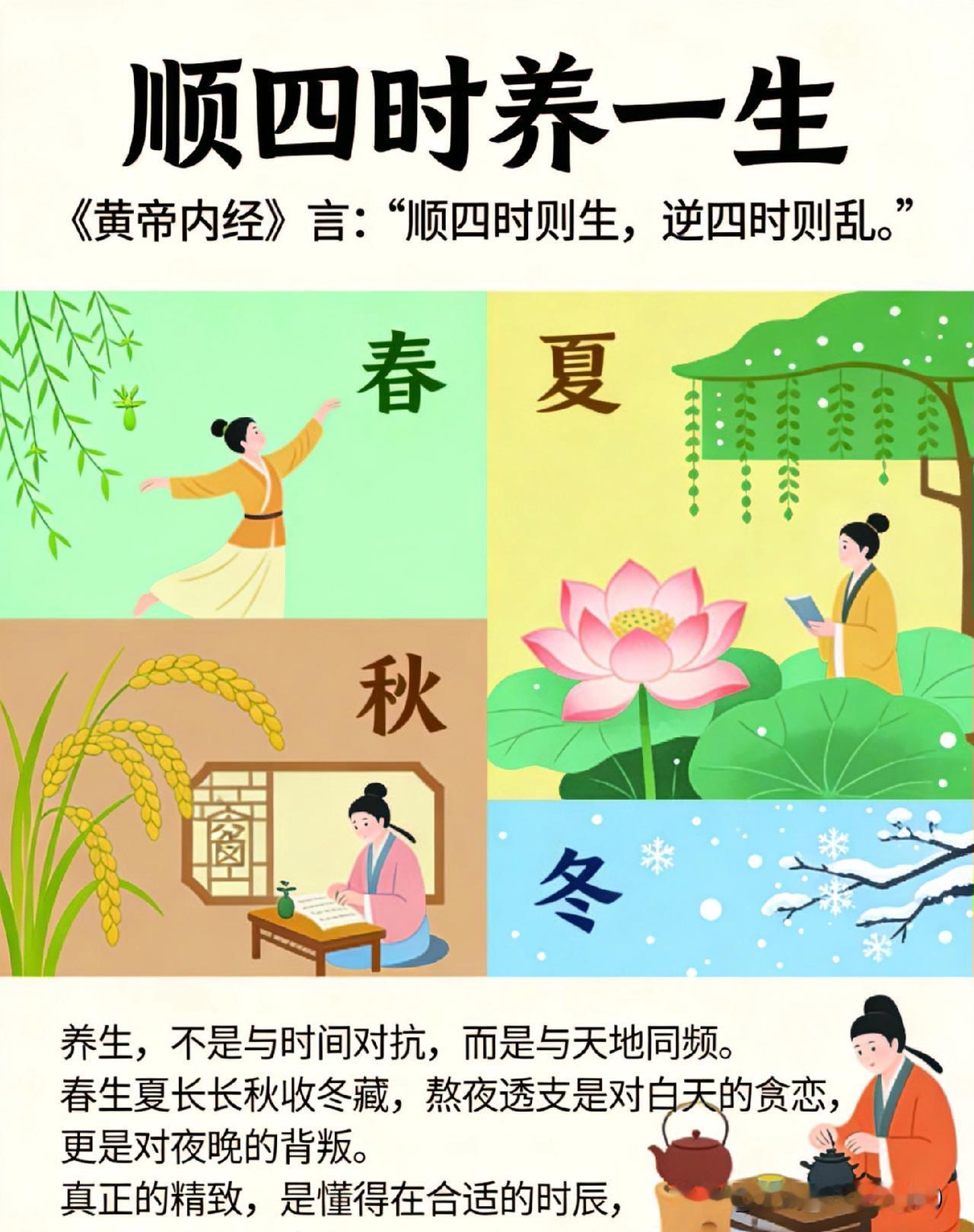 《黄帝内经》告诉我们：养生，就是跟着日子走老祖宗早就说过：顺四时则生，逆
