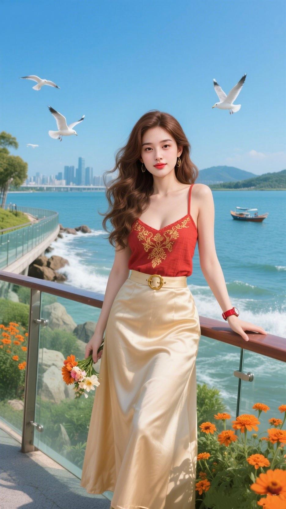 《海风序》赤金绣线缀在肩头像把夕阳裁成了温柔米白缎裙垂落的弧度藏着一