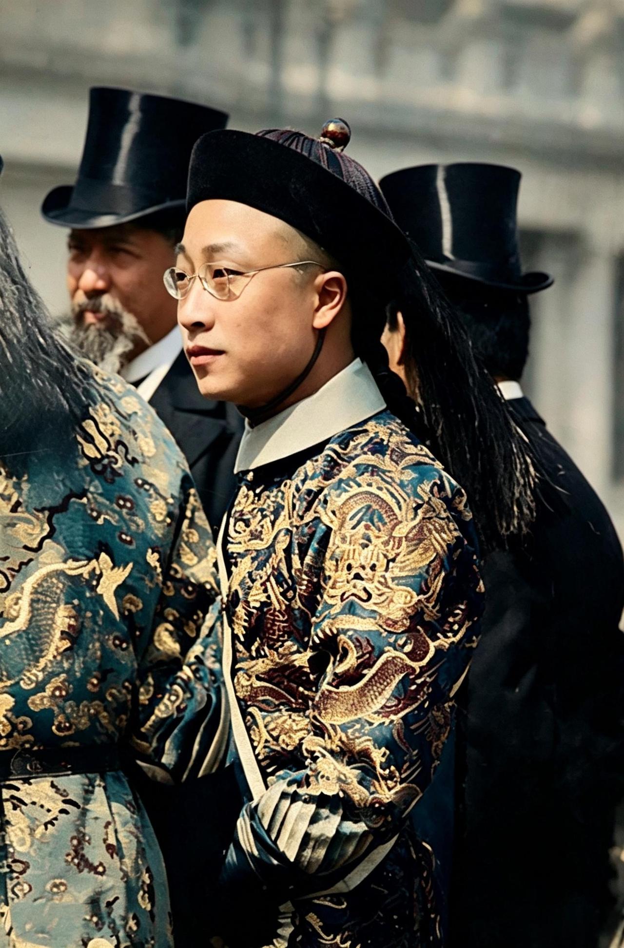 这是百年前，一身宝蓝绣金蟒袍、头顶红宝石吉服冠、花翎垂身后的东方人，在高筒礼帽的