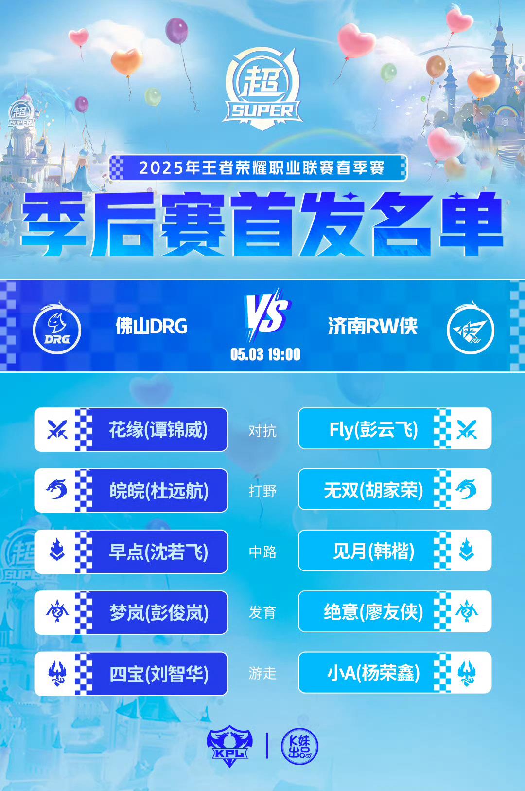 DRG对战RW｜首发名单*解说席：一雪潇洒苏沫*主持人&Surprise