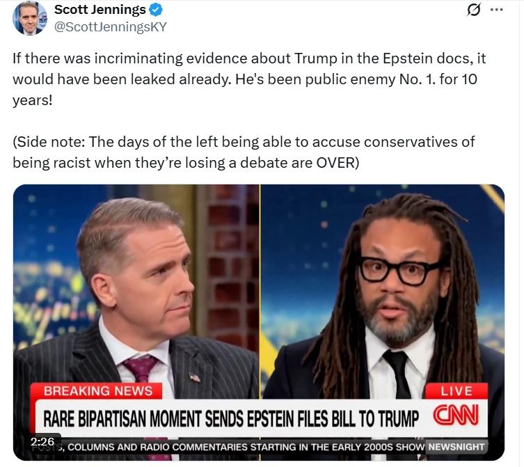 斯科特·詹宁斯：如果爱泼斯坦文件里真有对特朗普不利的铁证，早就被泄露了。他可是