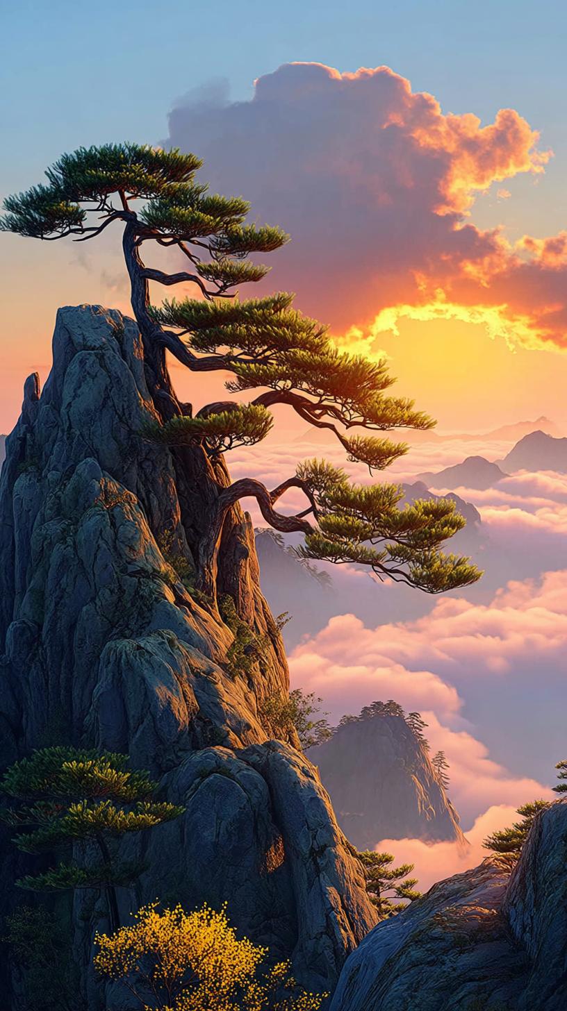 山巅一株松，云雾绕其胸。风雨百年过，依旧绿葱茏！可以分享一张秋景树叶的照片吗