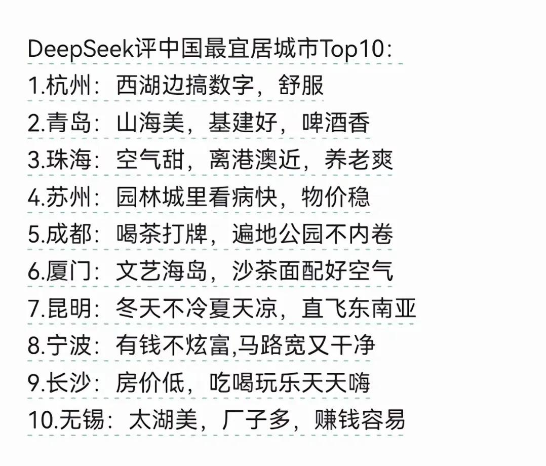 年轻人毕业之后怎么选城市？让我们来看看DeepSeek给出的答案，宜居程度靠前的