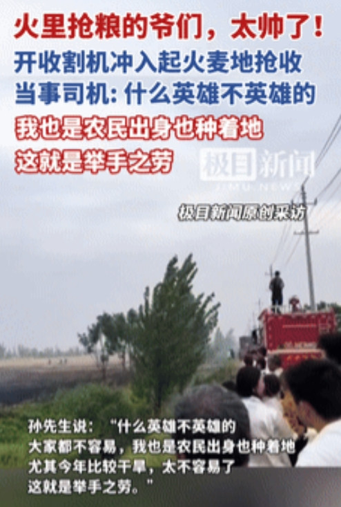 6月1日，山东一片20亩的麦田突发大火，一名男子不顾安危，直接驾驶收割机冲进火场