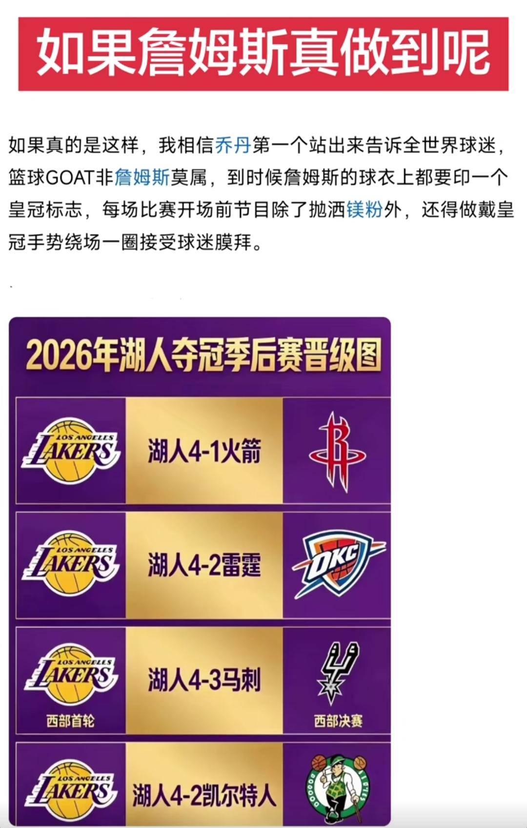 湖人夺冠晋级图：詹姆斯的荣耀时刻，乔丹也会亲自出来宣布，勒布朗詹姆斯就是历史第一
