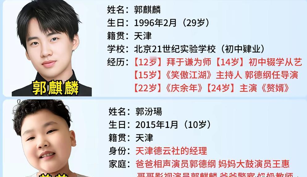 郭麒麟比亲弟弟大近20岁，郭德纲这俩儿子，一个在娱乐圈混得风生水起，一个还在家过