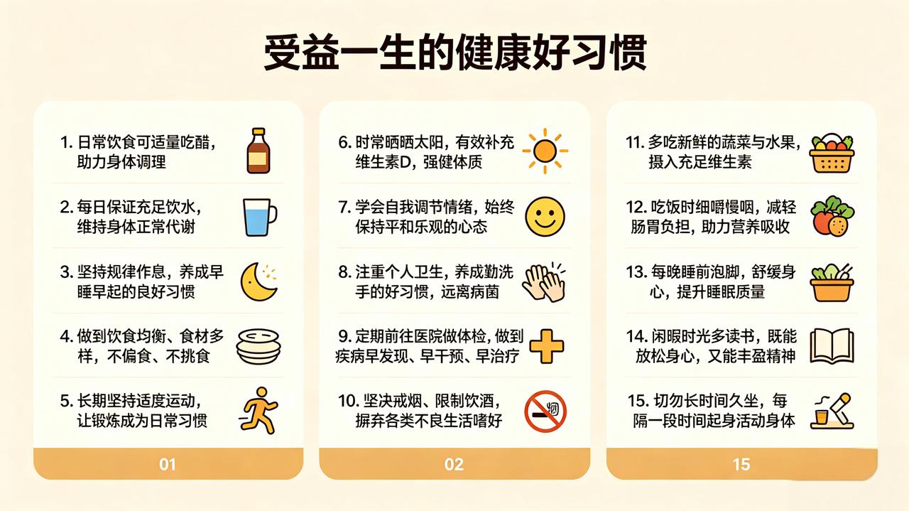 受益一生的健康好习惯1. 日常饮食可适量吃醋，助力身体调理。2. 每日