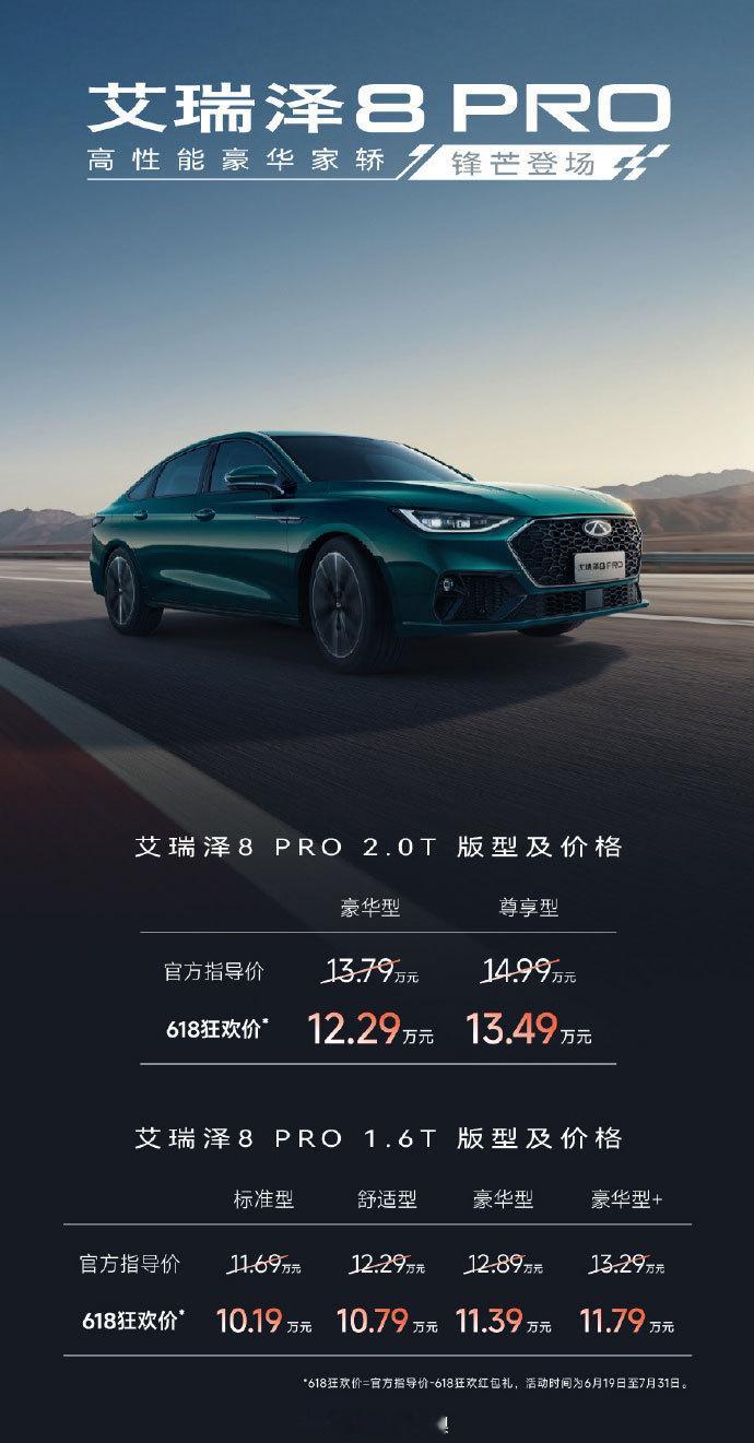 奇瑞艾瑞泽8PRO2.0T车型上市，13.79-14.99万元加上此前1.6