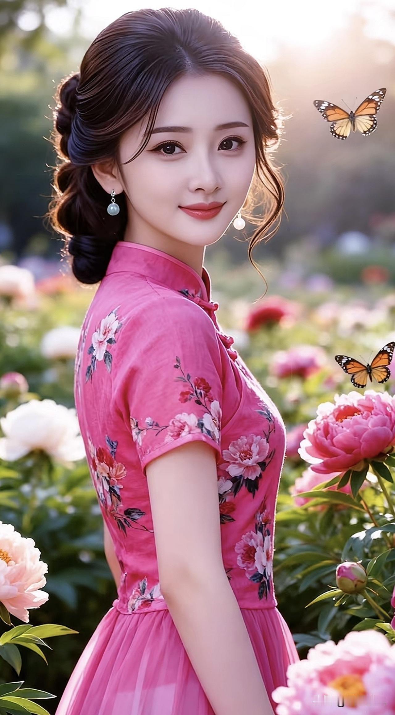 粉裙少女与花海共舞，蝴蝶翩翩起舞，春日浪漫气息扑面而来。紫色花海少女粉系花丛写