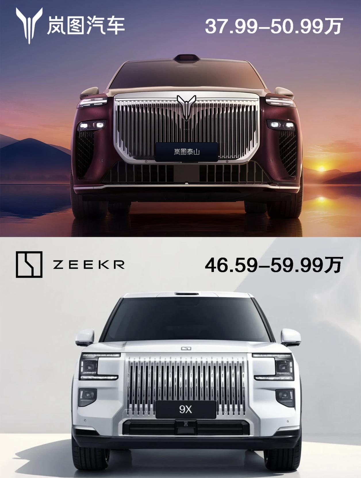 今年新出的新能源车，竟然还有采用大中网的，但也只有这两款车：岚图泰山、极氪9X。