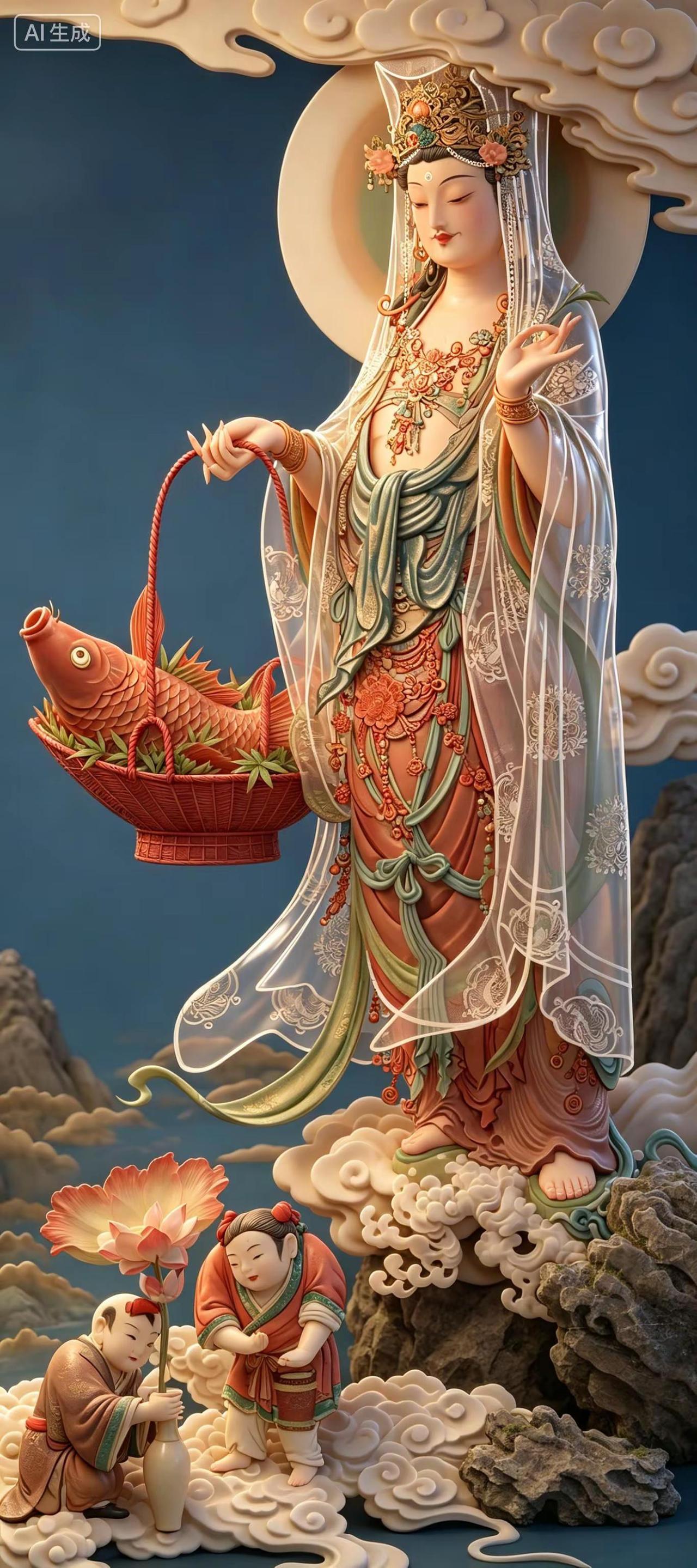 清佚名《鱼篮观音图》鉴赏时空画语国画艺术AI图片