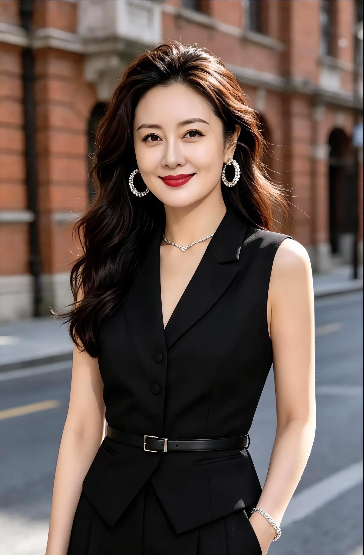 红砖街旁，黑衣衬着光。卷发随风轻扬，笑意落得大方。耳环摇一点亮，