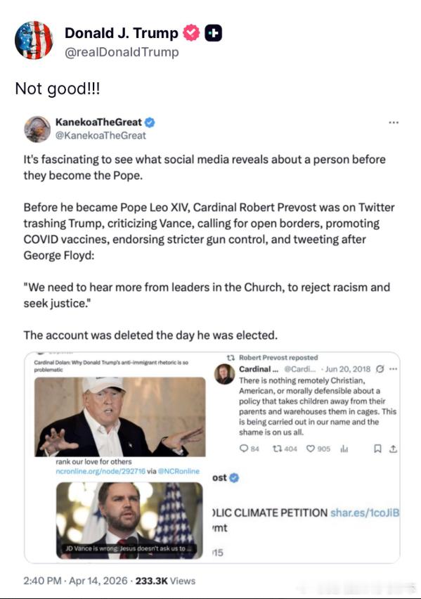 【黄金时代】川普曝光教皇利奥在社交媒体上的过往记录，显示他曾攻击川普和万斯，支持