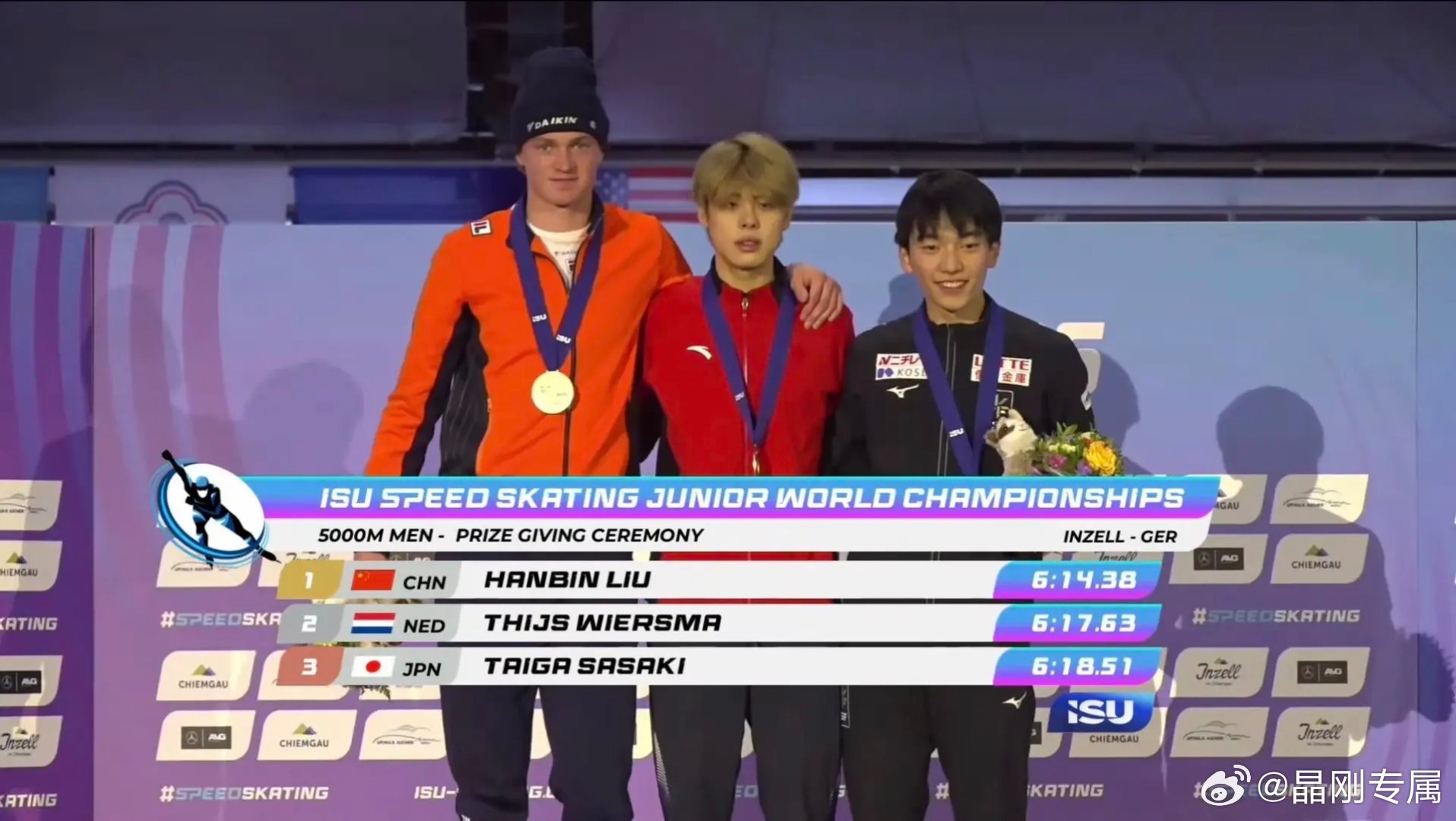 刘瀚彬获世青赛5000米冠军太帅了！速度滑冰世青赛男子5000米决赛，刘瀚彬滑出